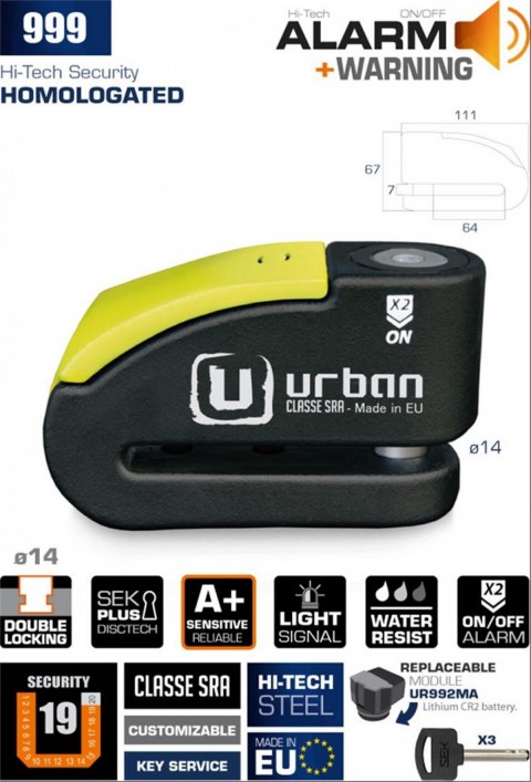 Urban Securıty 999 S.r.a Sınıfı Alarmlı Disk Kilidi 14mm
