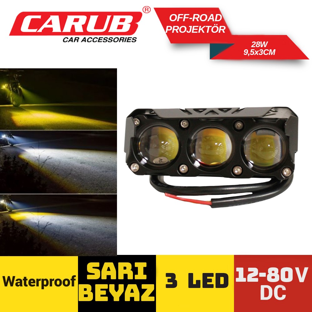 Sis Farı (1 Adet) Carub Off-road 12-80v 3led 28w Sarı-beyaz 9,5x3cm